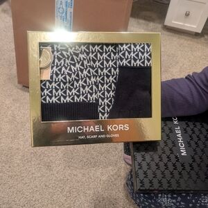 Michael Kors Black and White Hat, Scarf, and Gloves Set